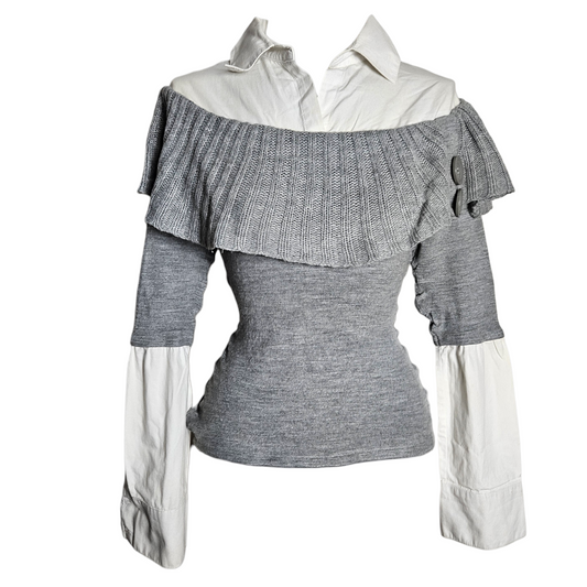 Vintage layered knit top with grey ruffle neckline and white shirt sleeves, chic Y2K preppy aesthetic by Lucid Dream 2007.