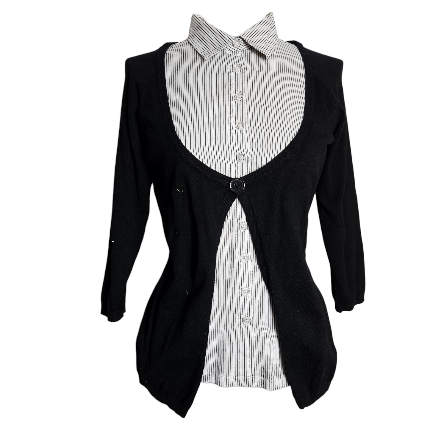 Vintage layered cardigan shirt combo with black knit and striped button-up insert, classic Y2K preppy aesthetic by Lucid Dream 2007.