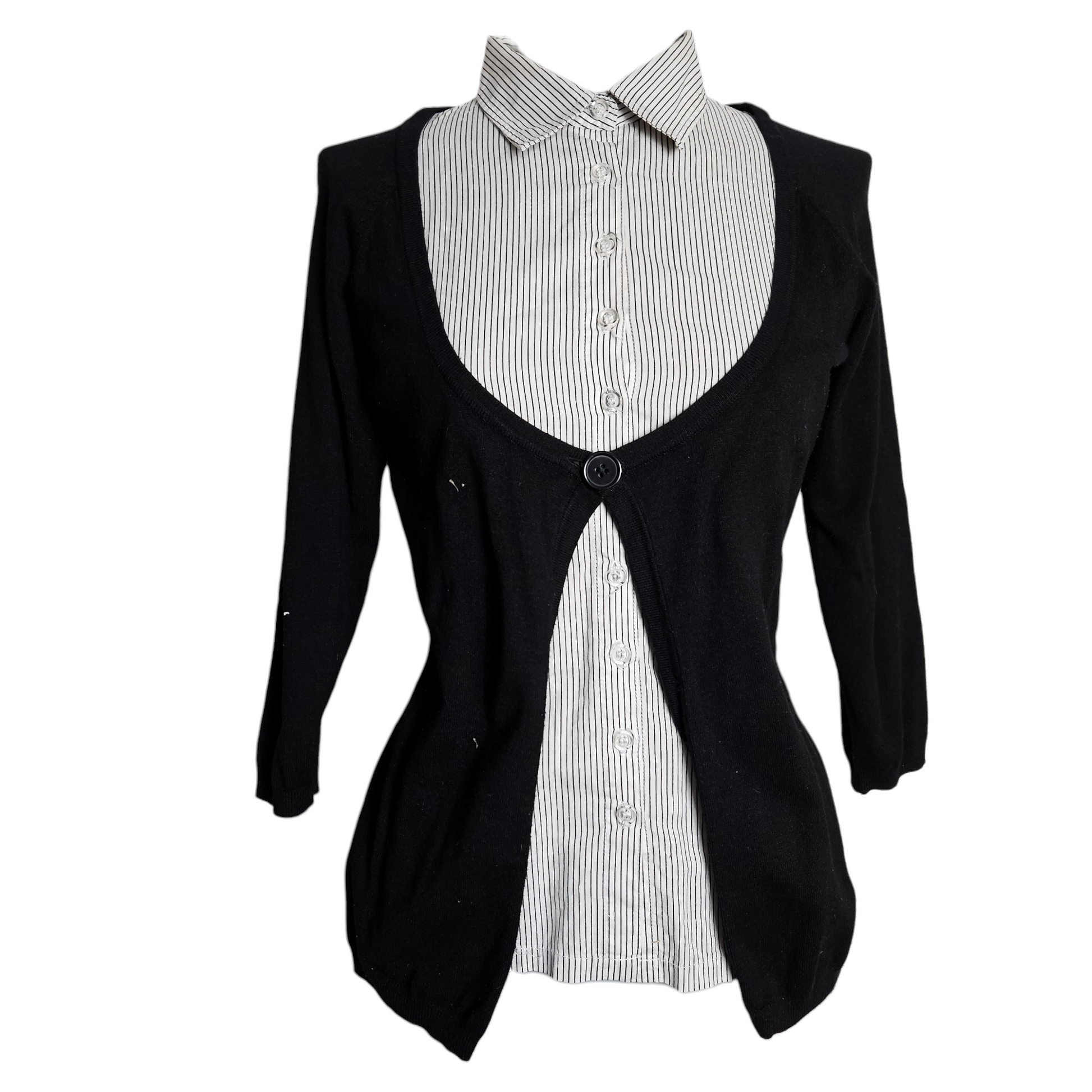 Vintage layered cardigan shirt combo with black knit and striped button-up insert, classic Y2K preppy aesthetic by Lucid Dream 2007.