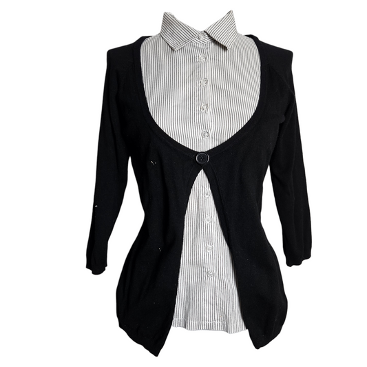 Vintage layered cardigan shirt combo with black knit and striped button-up insert, classic Y2K preppy aesthetic by Lucid Dream 2007.