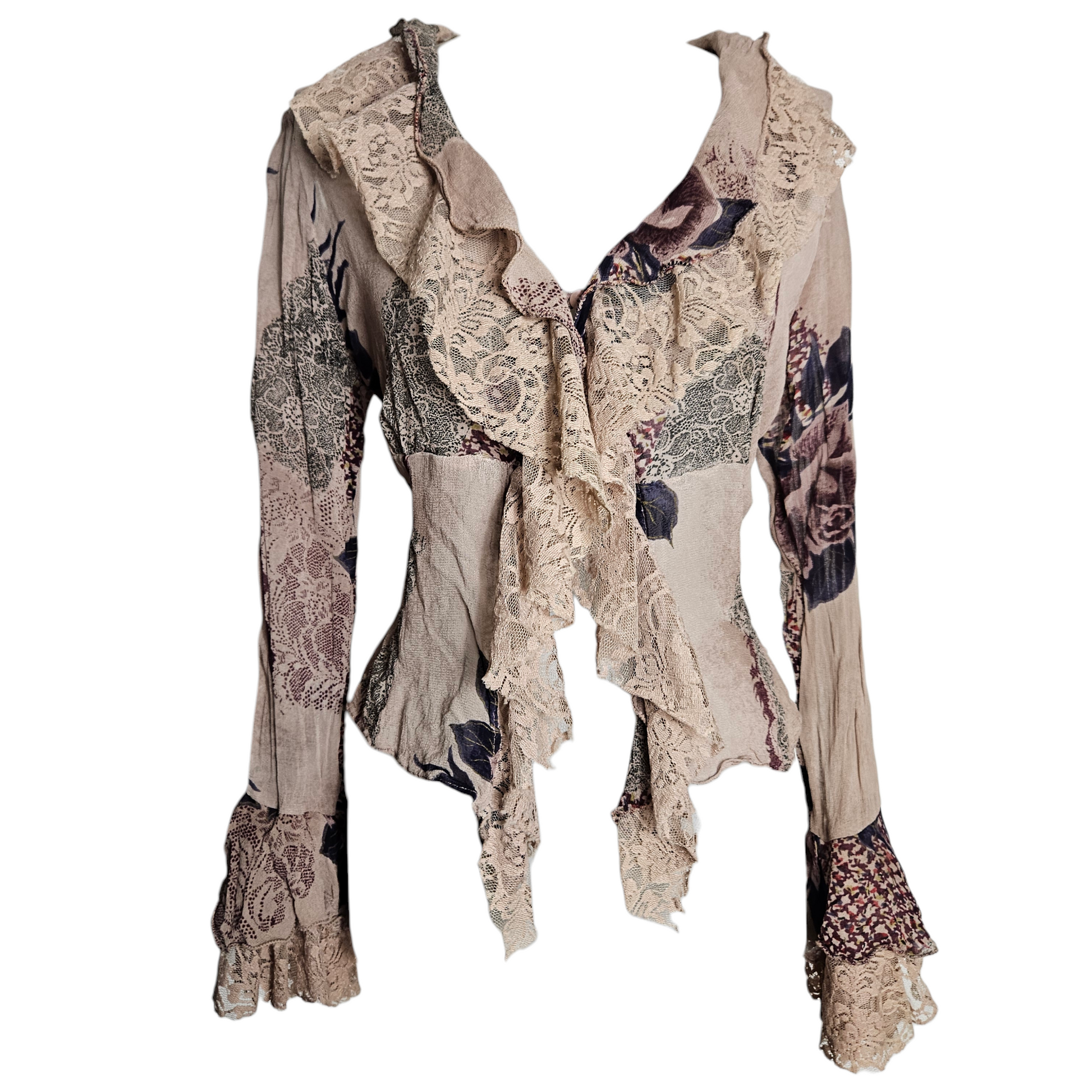 Vintage floral lace ruffle blouse with romantic fairycore cottagecore vibes, soft beige tones and delicate details by Lucid Dream 2007.
