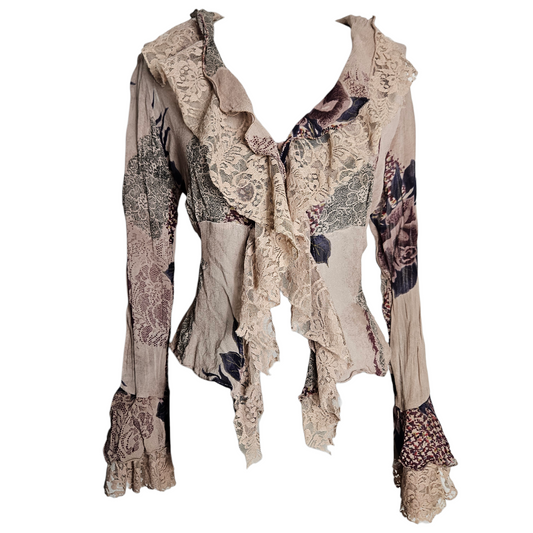 Vintage floral lace ruffle blouse with romantic fairycore cottagecore vibes, soft beige tones and delicate details by Lucid Dream 2007.