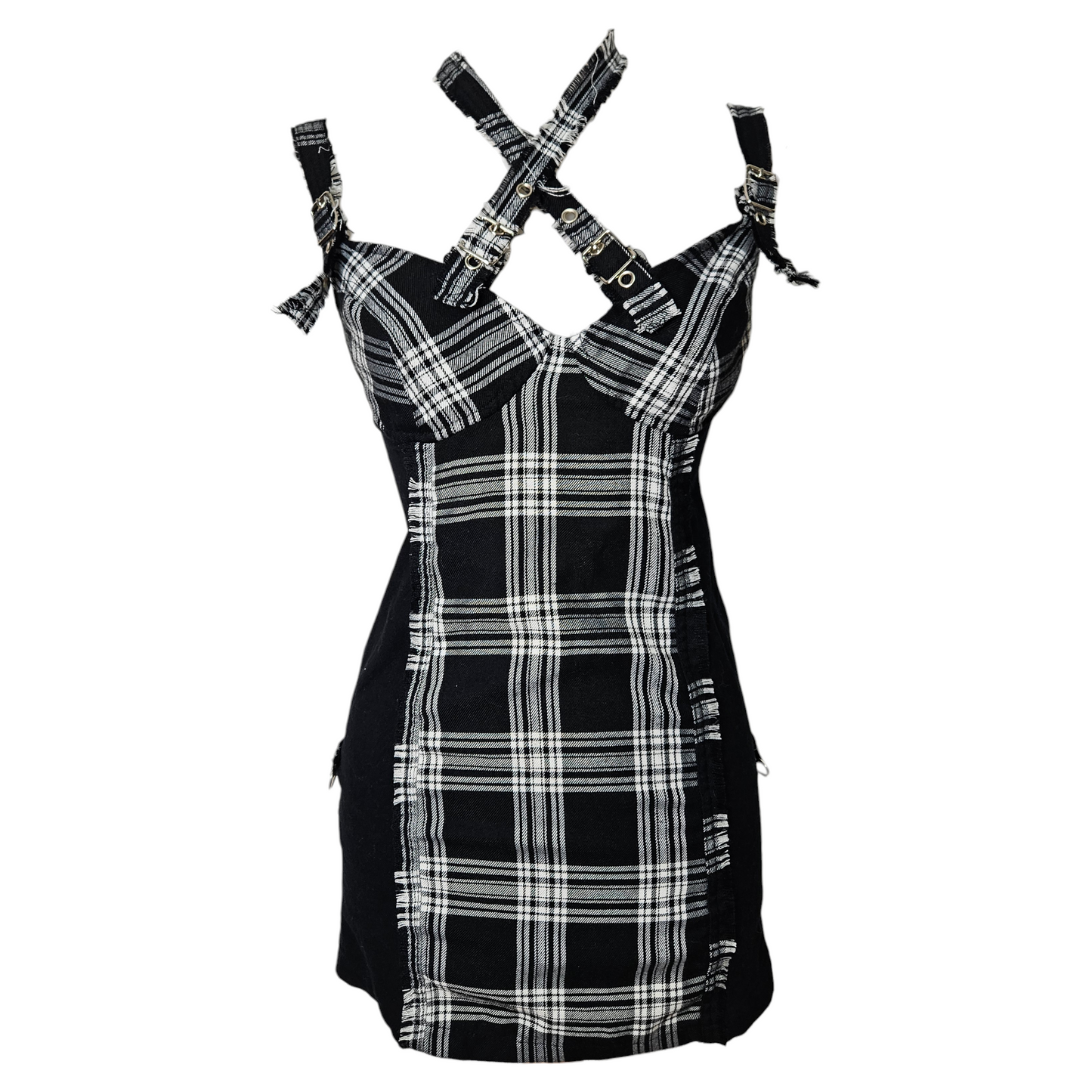 Vintage punk-inspired plaid mini dress with buckle straps and raw edges, edgy Y2K grunge aesthetic with cross-back straps and pleated skirt.