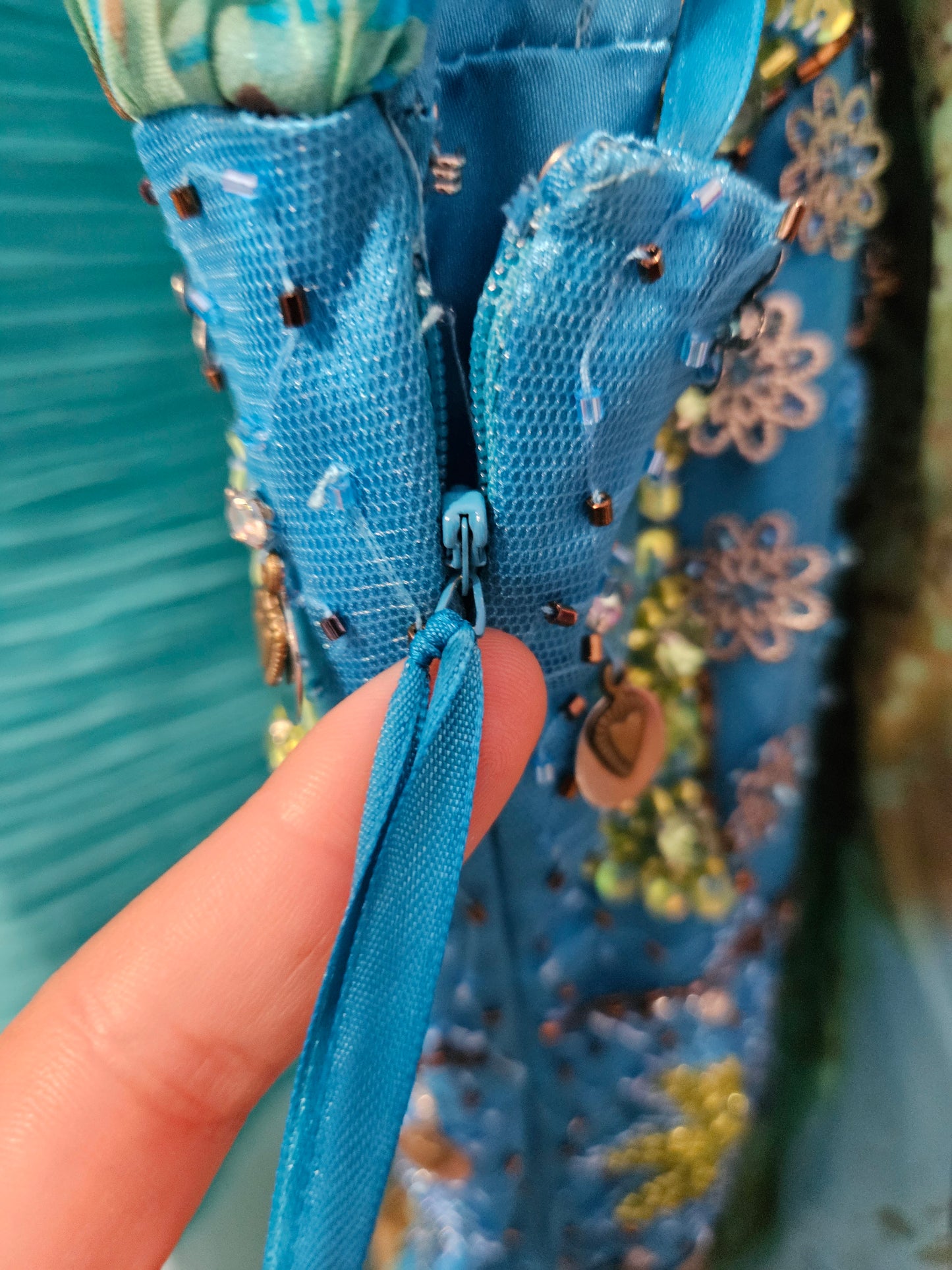Long blue embroidered silk dress