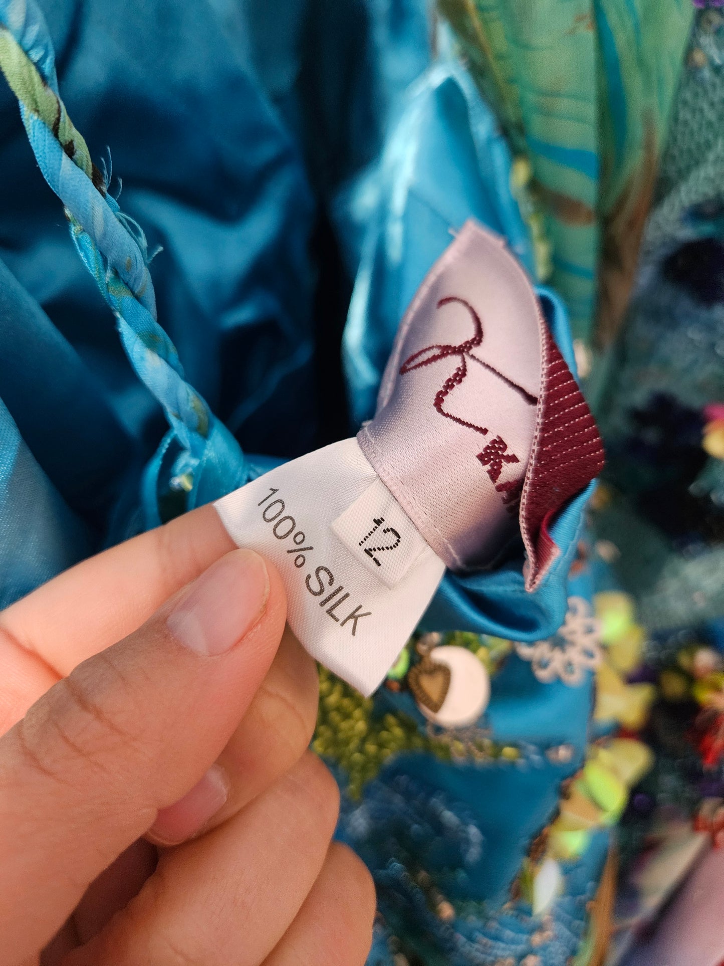 Long blue embroidered silk dress
