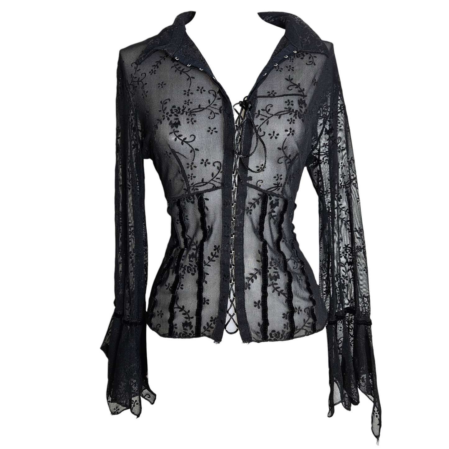 Vintage black sheer lace blouse with corset-style lacing and flared sleeves, romantic whimsigoth fairycore aesthetic with gothic Y2K elegance.