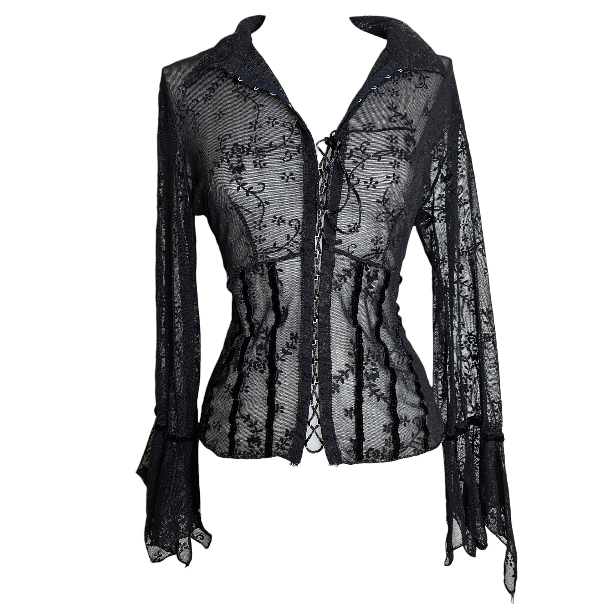 Vintage black sheer lace blouse with corset-style lacing and flared sleeves, romantic whimsigoth fairycore aesthetic with gothic Y2K elegance.
