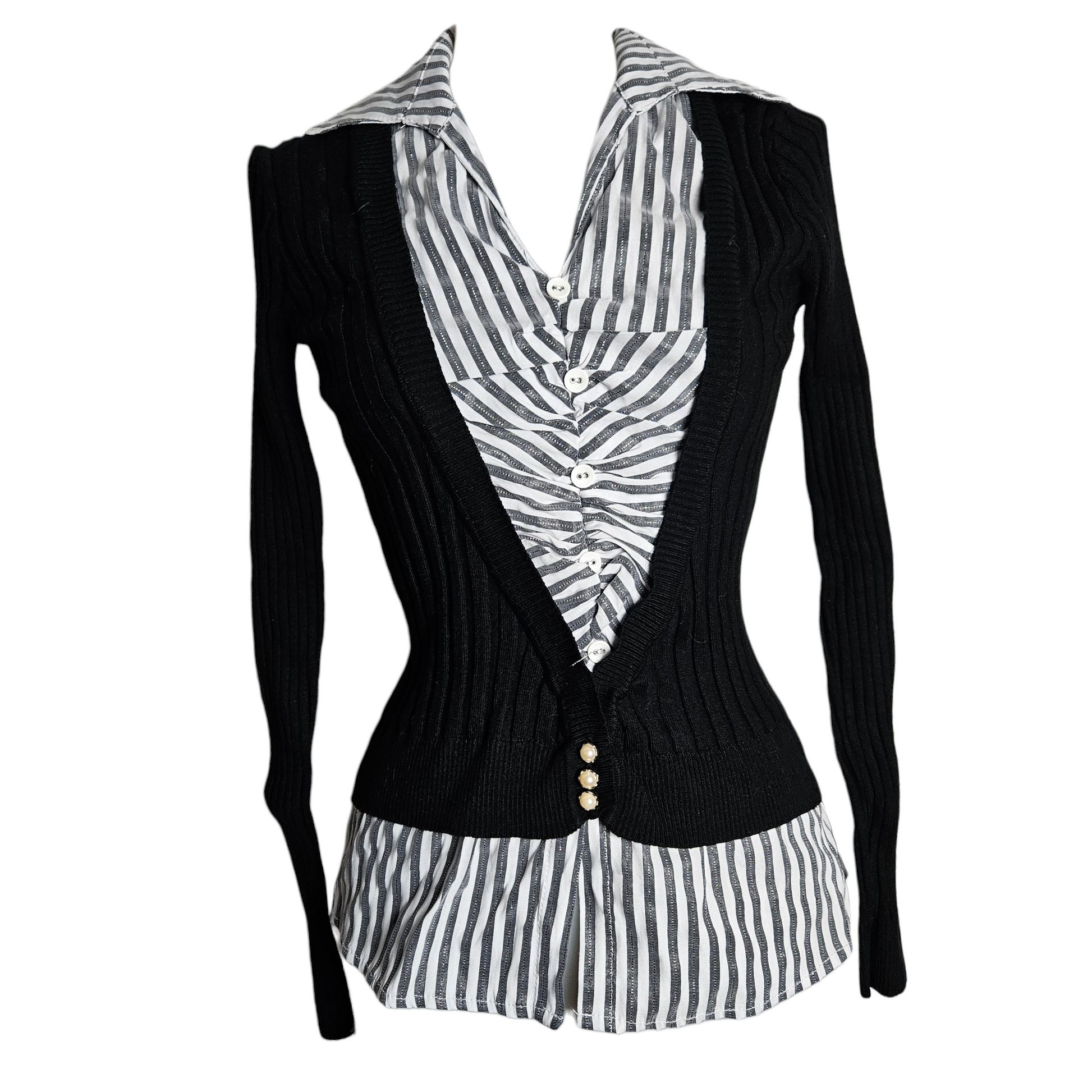 Vintage layered shirt and cardigan top with striped blouse insert and fitted black knit, classic Y2K preppy aesthetic with retro academic vibes.