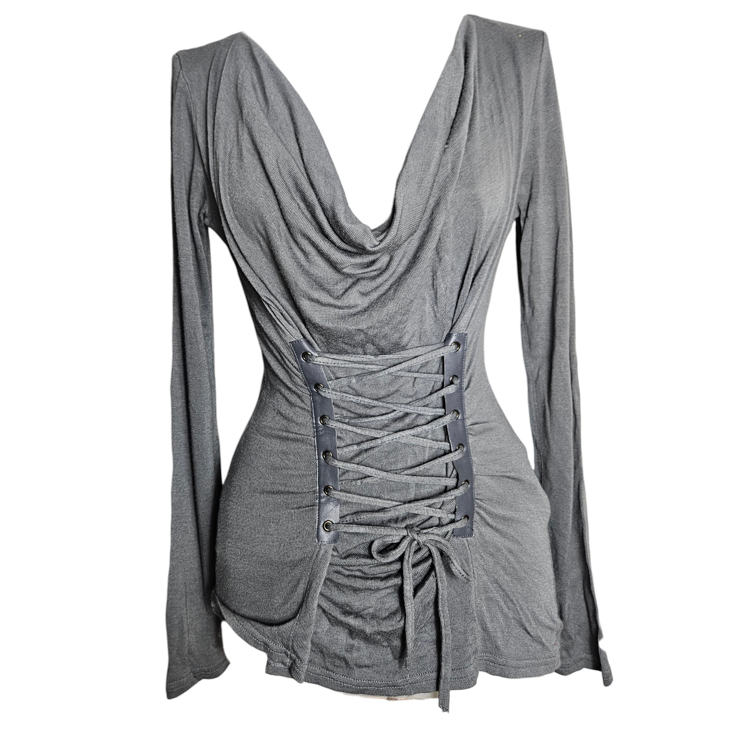 Vintage grey corset lace-up top with draped cowl neckline and fitted Y2K silhouette, romantic fairycore and whimsigoth aesthetic.