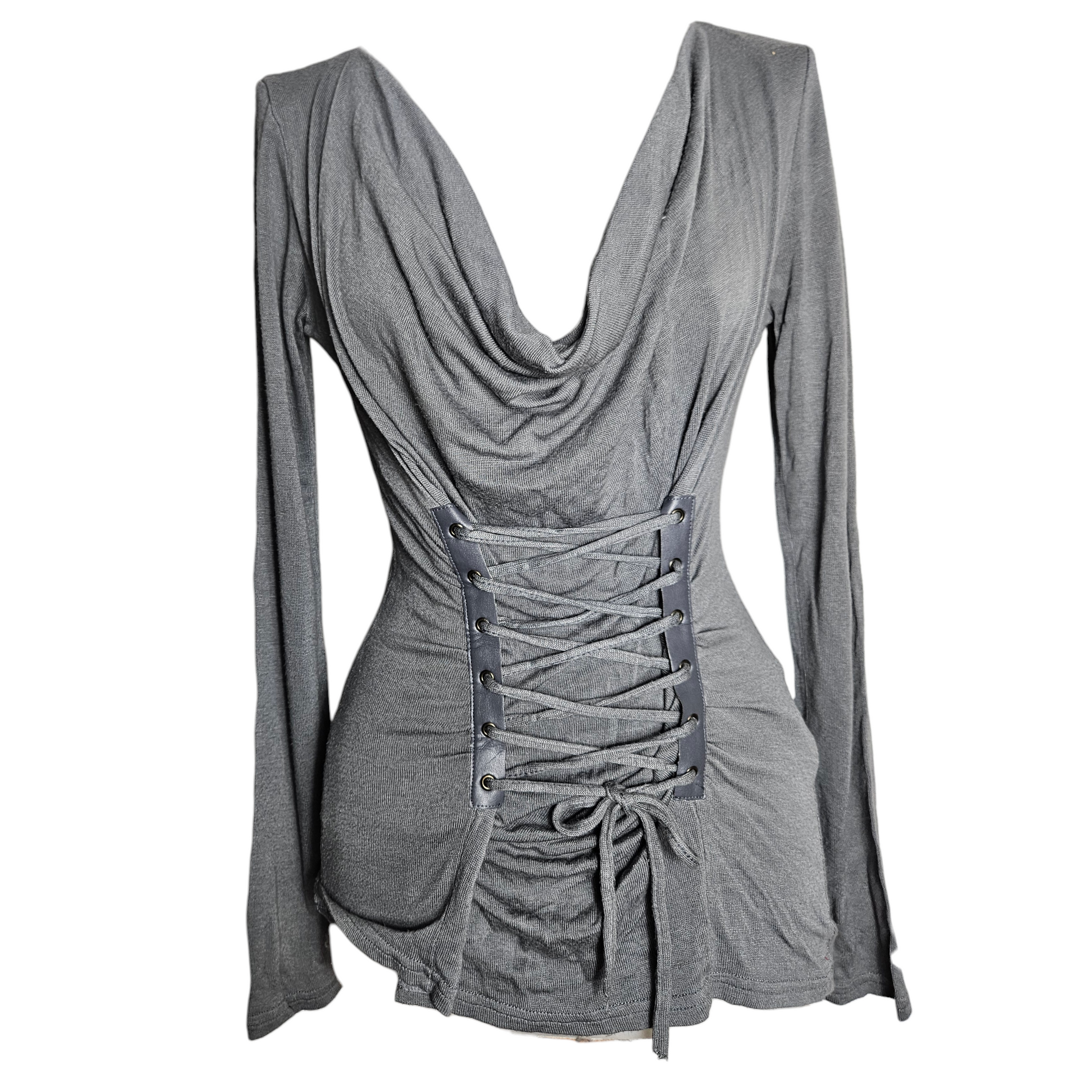 Vintage grey corset lace-up top with draped cowl neckline and fitted Y2K silhouette, romantic fairycore and whimsigoth aesthetic.