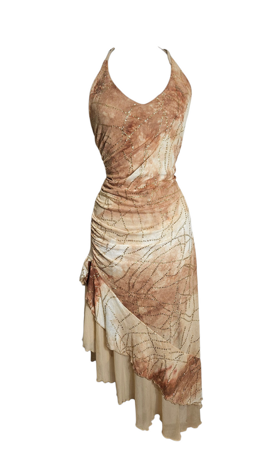 Vintage Y2K brown tie-dye halter dress with gold sequin details and an asymmetrical ruffled mesh hem on a mannequin.