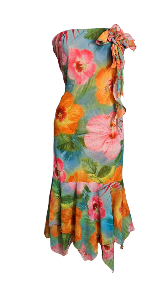 Vintage Y2K strapless tropical midi dress with hibiscus flower print, ruffle bow detail, and asymmetrical handkerchief hem.