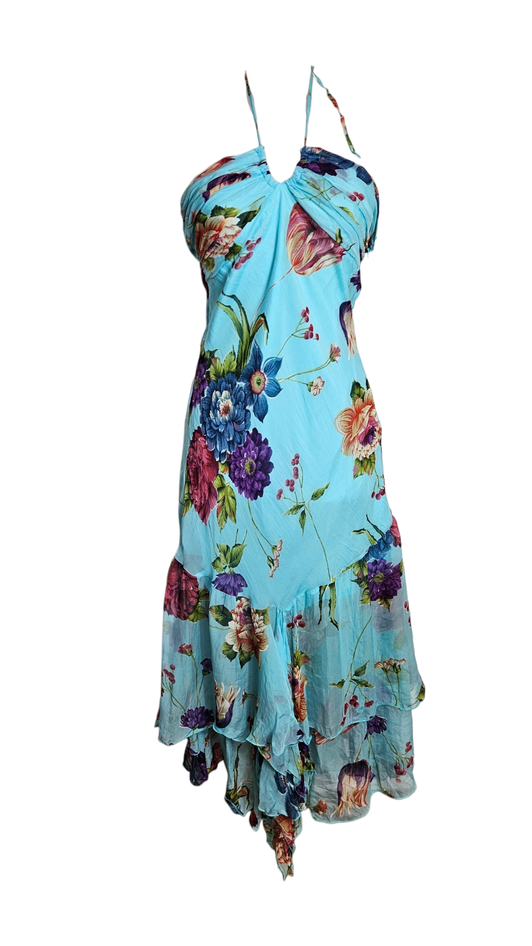 Vintage Y2K turquoise blue halter midi dress with a colorful floral print, gathered bust, and layered asymmetrical ruffle hem on a mannequin.