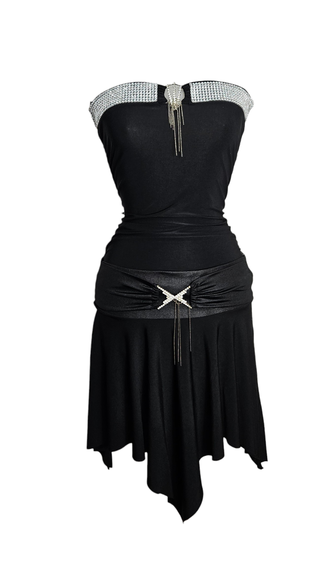 Y2K black strapless mini dress with rhinestone bust trim, silver tassel detail, and a gathered waist belt featuring a crystal X-buckle.
