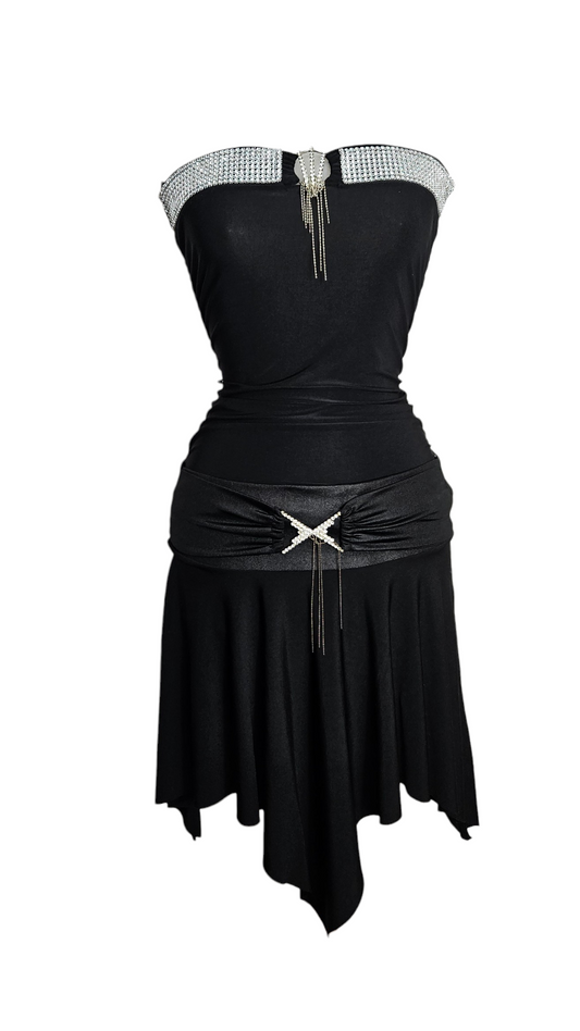 Y2K black strapless mini dress with rhinestone bust trim, silver tassel detail, and a gathered waist belt featuring a crystal X-buckle.