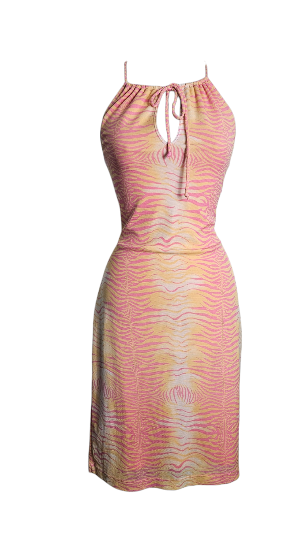 Guess Pink and yellow zebra print halter dress, Y2K aesthetic, keyhole neck with tie detail.