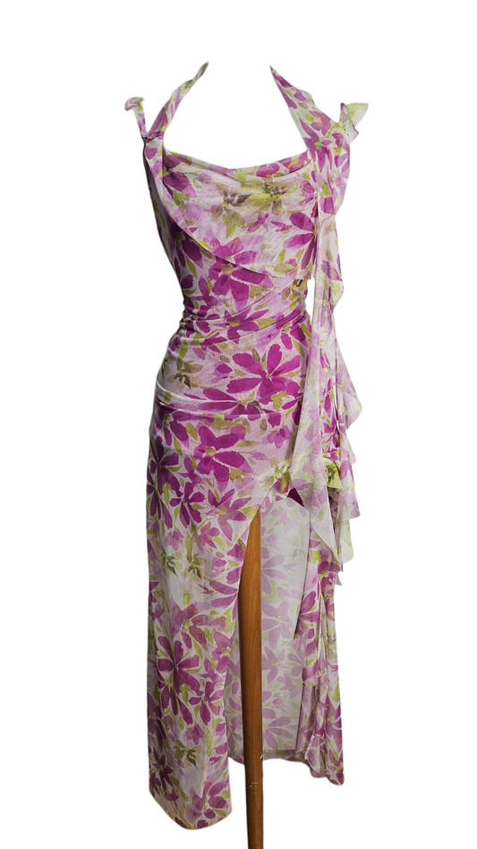 Vintage Y2K sheer chiffon halter dress, purple & green floral print, cowl neck, side ruffles, high-low hem. Perfect fairycore & summer festival aesthetic.