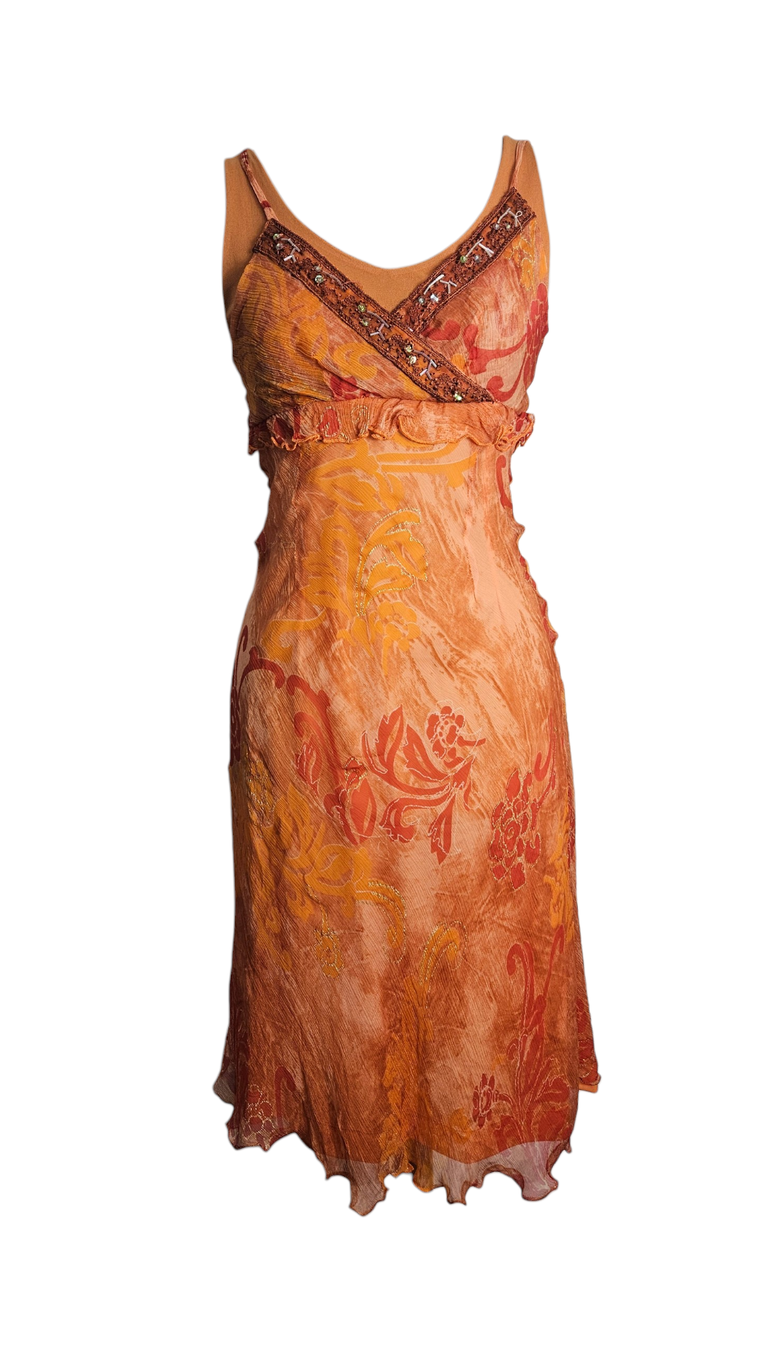 Vintage Y2K orange floral midi dress with beaded neckline, layered mesh fabric, and lettuce trim hem on a mannequin.