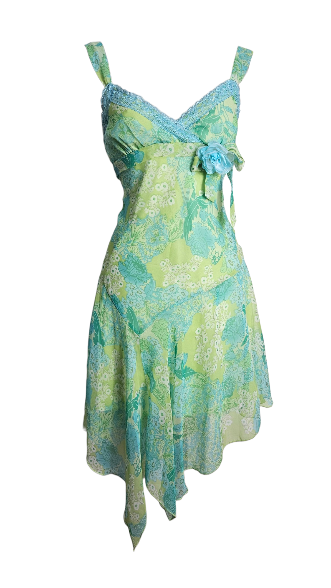 A light blue and green floral sleeveless dress with lace trim and a floral embellishment.