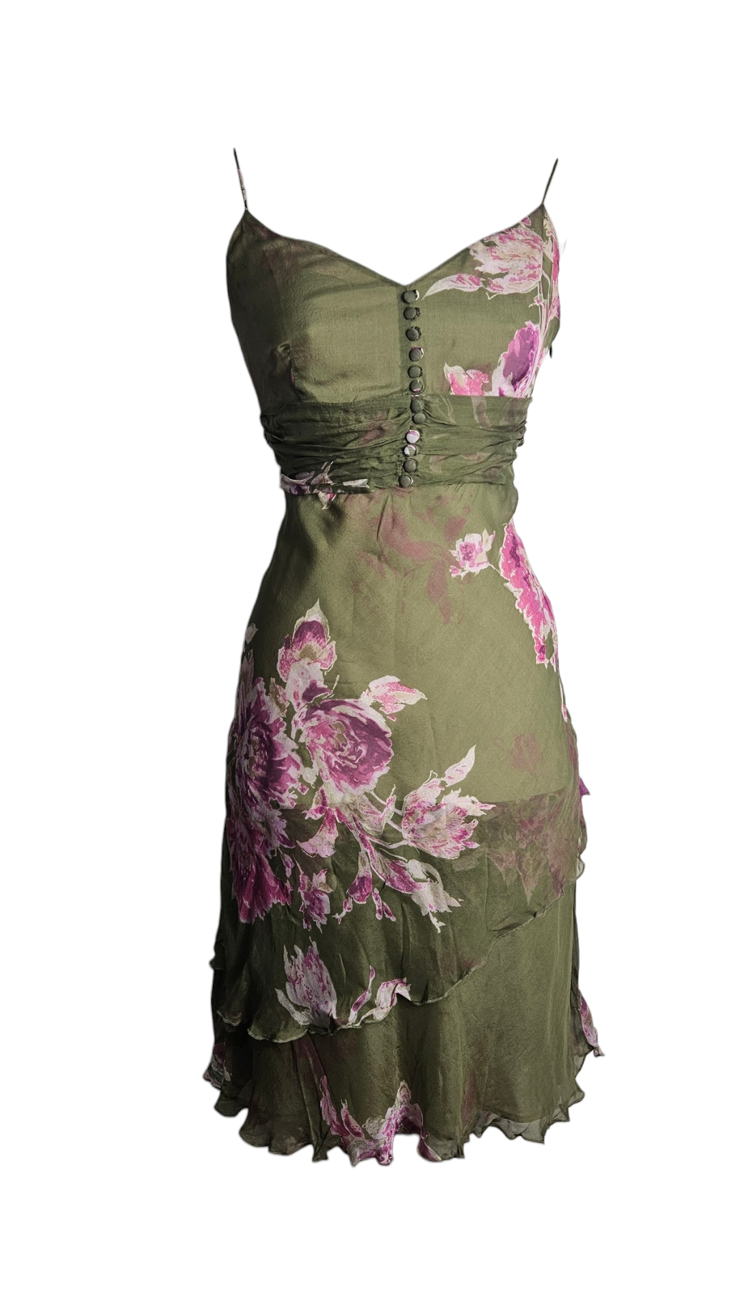 Vintage Y2K olive green silk slip dress with pink floral print, decorative front buttons, and a layered ruffle hem on a mannequin.