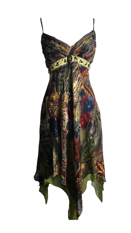 Vintage Y2K midi slip dress with dark paisley floral print, beaded empire waist, and layered green asymmetrical handkerchief hem.