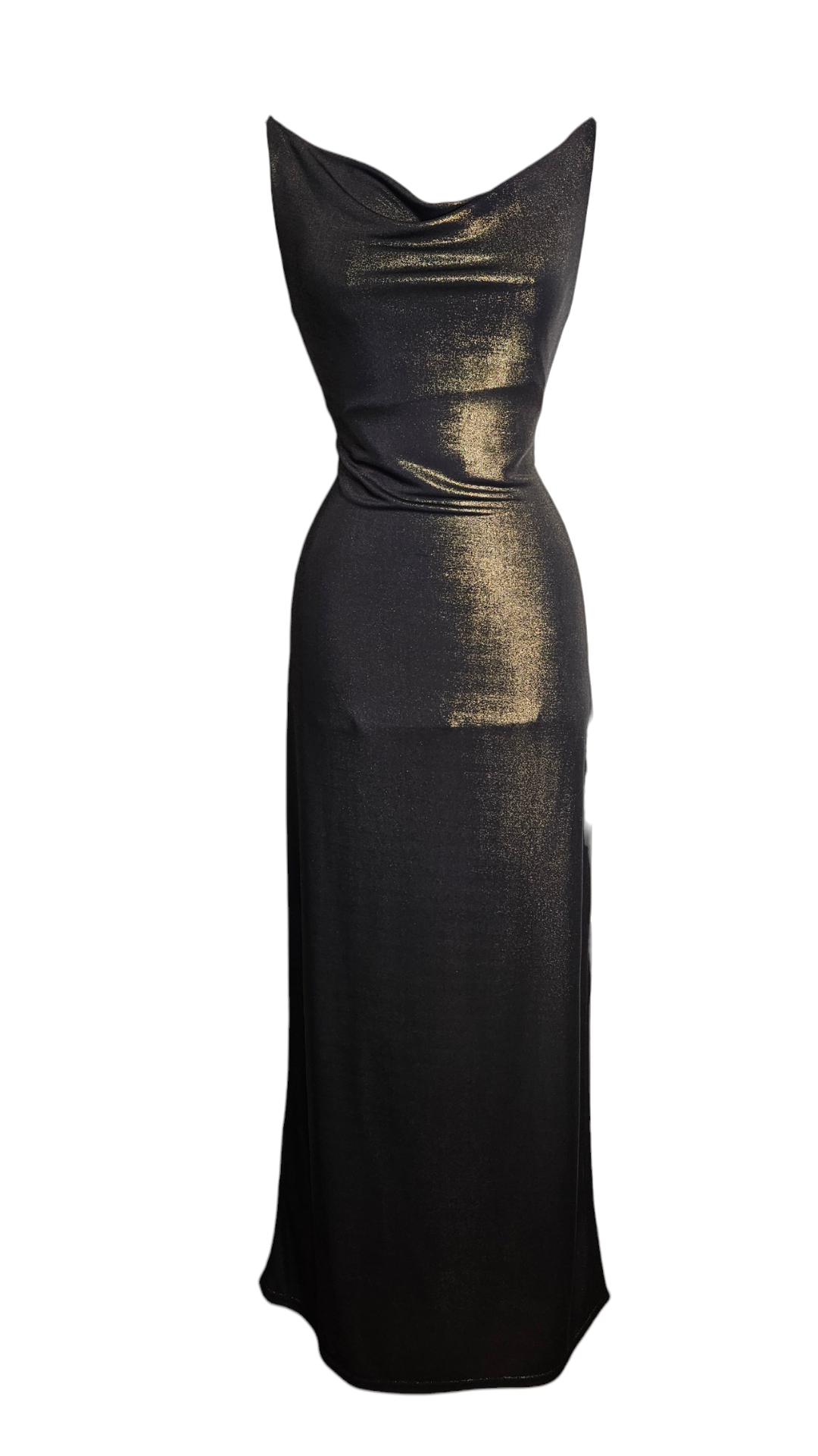 Vintage shimmering black and gold maxi dress with a cowl neckline. Sleek floor-length evening gown for a chic Y2K aesthetic by Lucid Dream 2007.