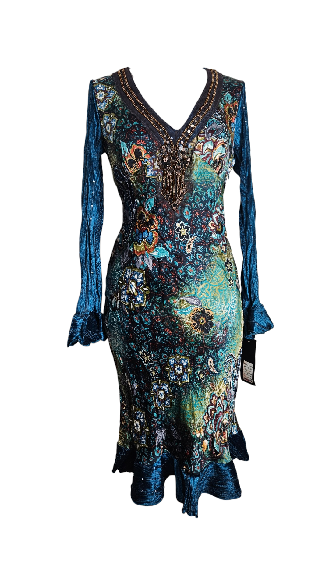 Vintage Y2K teal velvet midi dress with long bell sleeves, ornate paisley floral print, and a heavily beaded V-neckline on a mannequin.