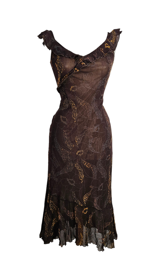 Vintage Y2K brown sheer mesh midi dress. Paisley floral print. Ruffle trim neckline. Perfect boho aesthetic.