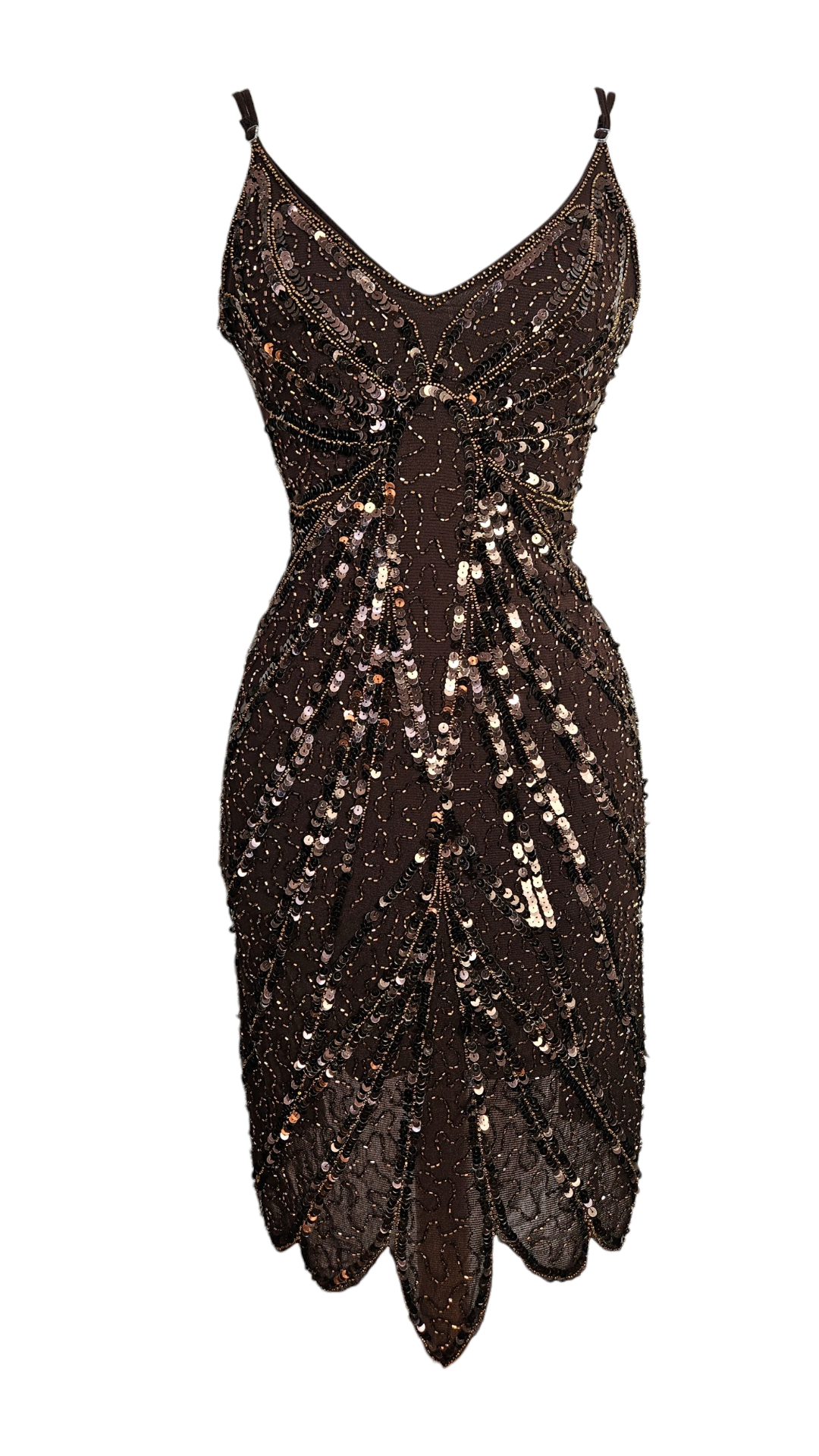 Vintage 1920s-style brown flapper dress. Sequin and bead embroidery. Spaghetti straps. Scalloped hem. Ideal for a speakeasy theme.