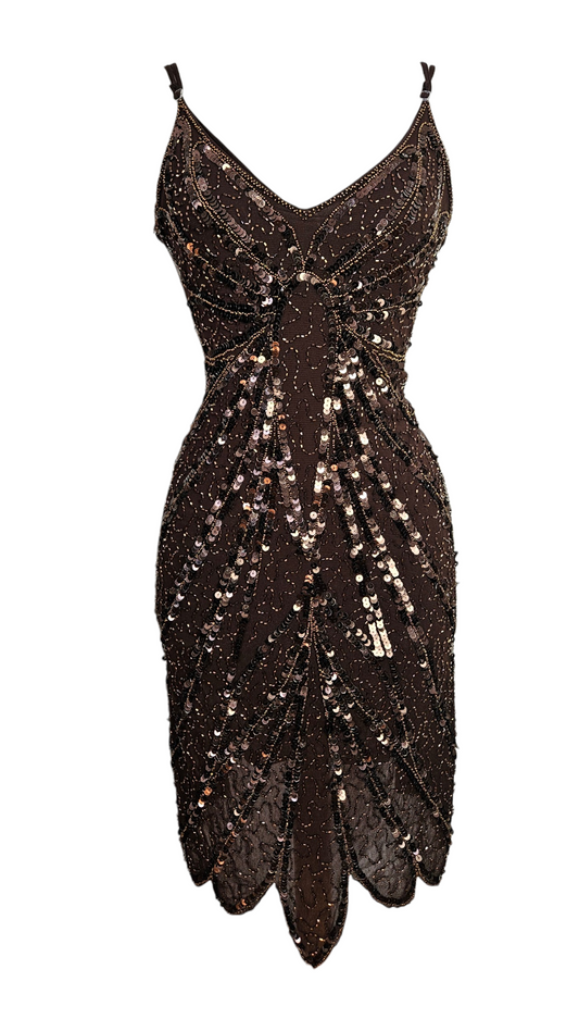 Vintage 1920s-style brown flapper dress. Sequin and bead embroidery. Spaghetti straps. Scalloped hem. Ideal for a speakeasy theme.