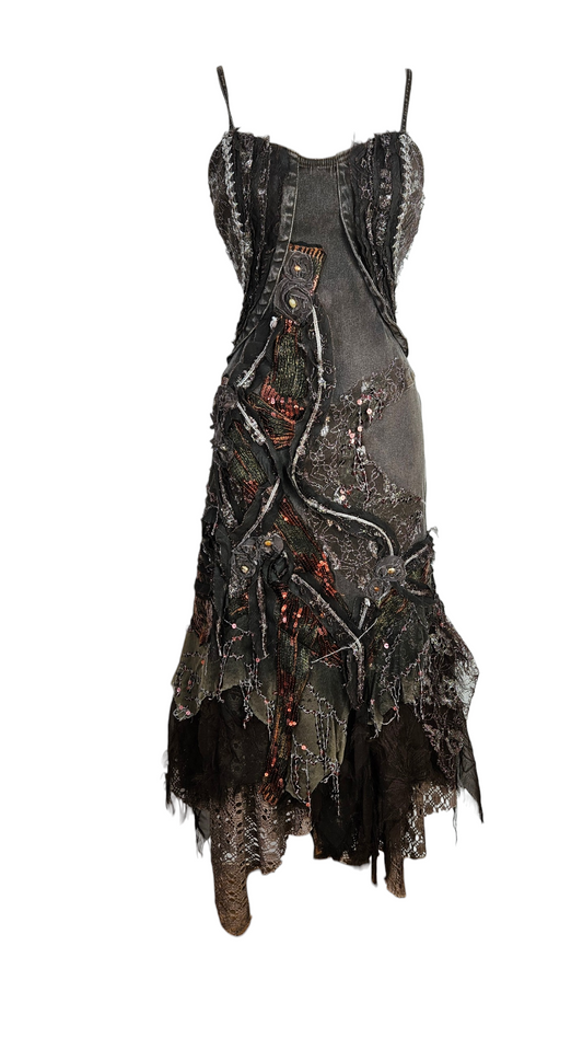 Distressed dark fairycore midi dress with patchwork lace, sequins, and earthy tones on a mannequin.