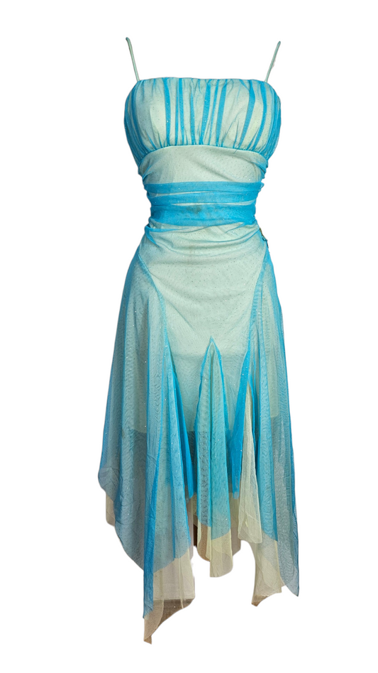 Y2K blue & mint glitter fairycore dress with spaghetti straps and asymmetrical hanky hem, displayed on a female mannequin against
