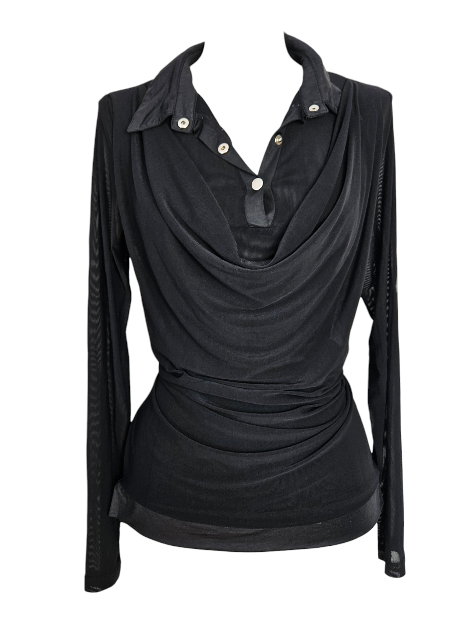 Black long-sleeve mesh top with a draped cowl neck, satin collar, and button details. Cyber Y2K aesthetic, sheer layered fabric on a mannequin.