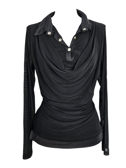 Black long-sleeve mesh top with a draped cowl neck, satin collar, and button details. Cyber Y2K aesthetic, sheer layered fabric on a mannequin.