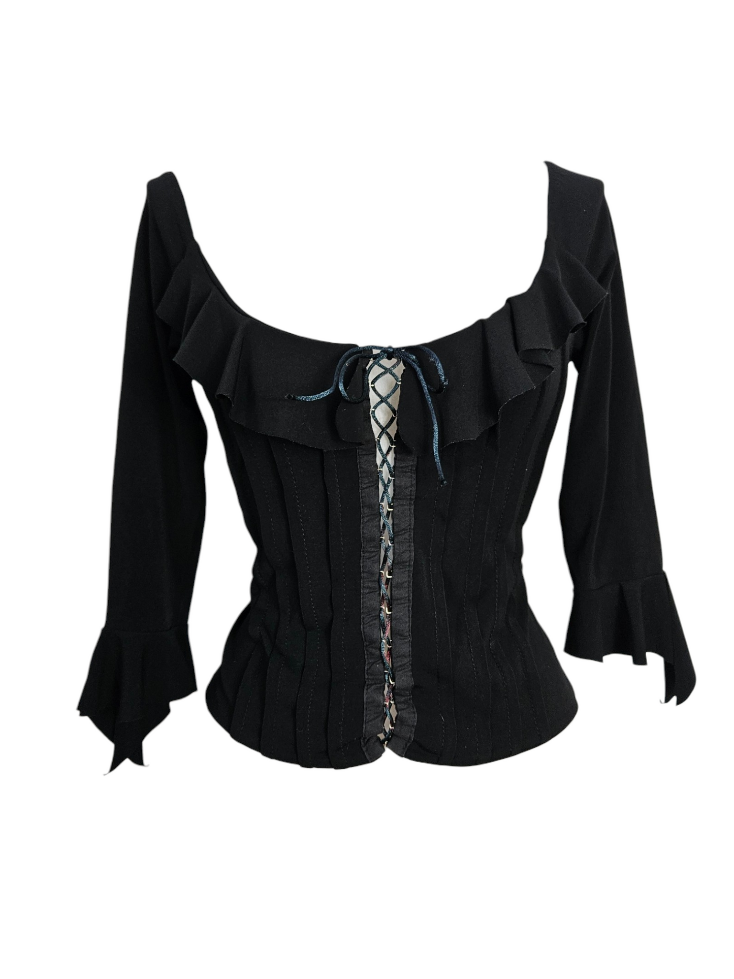 Black milkmaid top with ruffles, lace-up front corset detail, and flared sleeves. Gothic coquette aesthetic, vintage long-sleeve blouse on a mannequin.