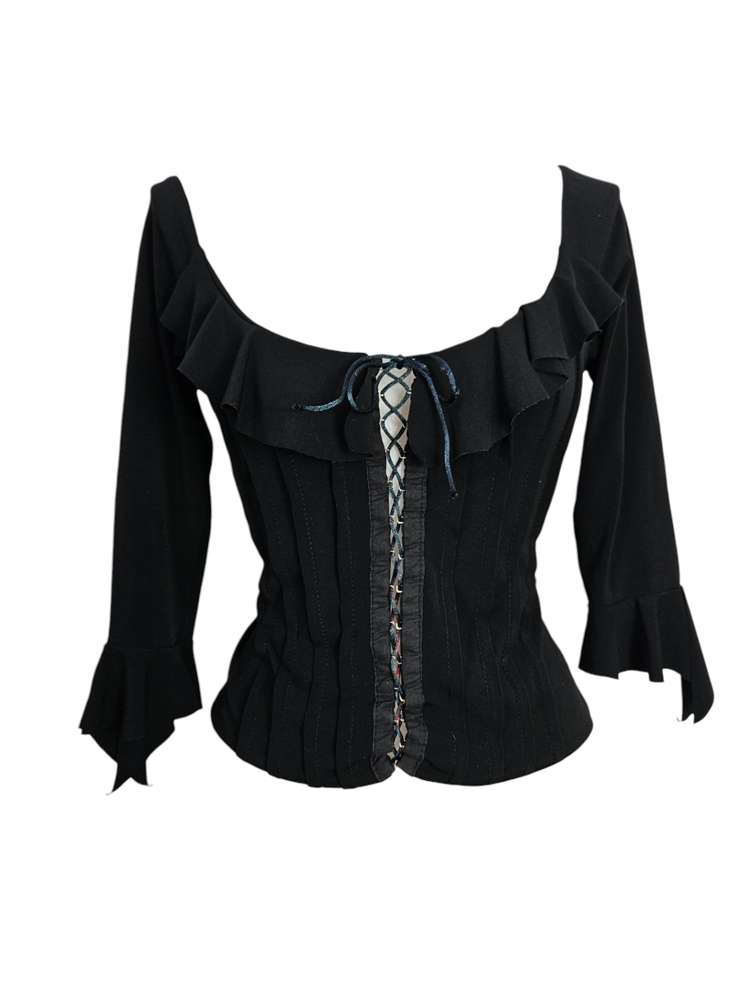 Black milkmaid top with ruffles, lace-up front corset detail, and flared sleeves. Gothic coquette aesthetic, vintage long-sleeve blouse on a mannequin.