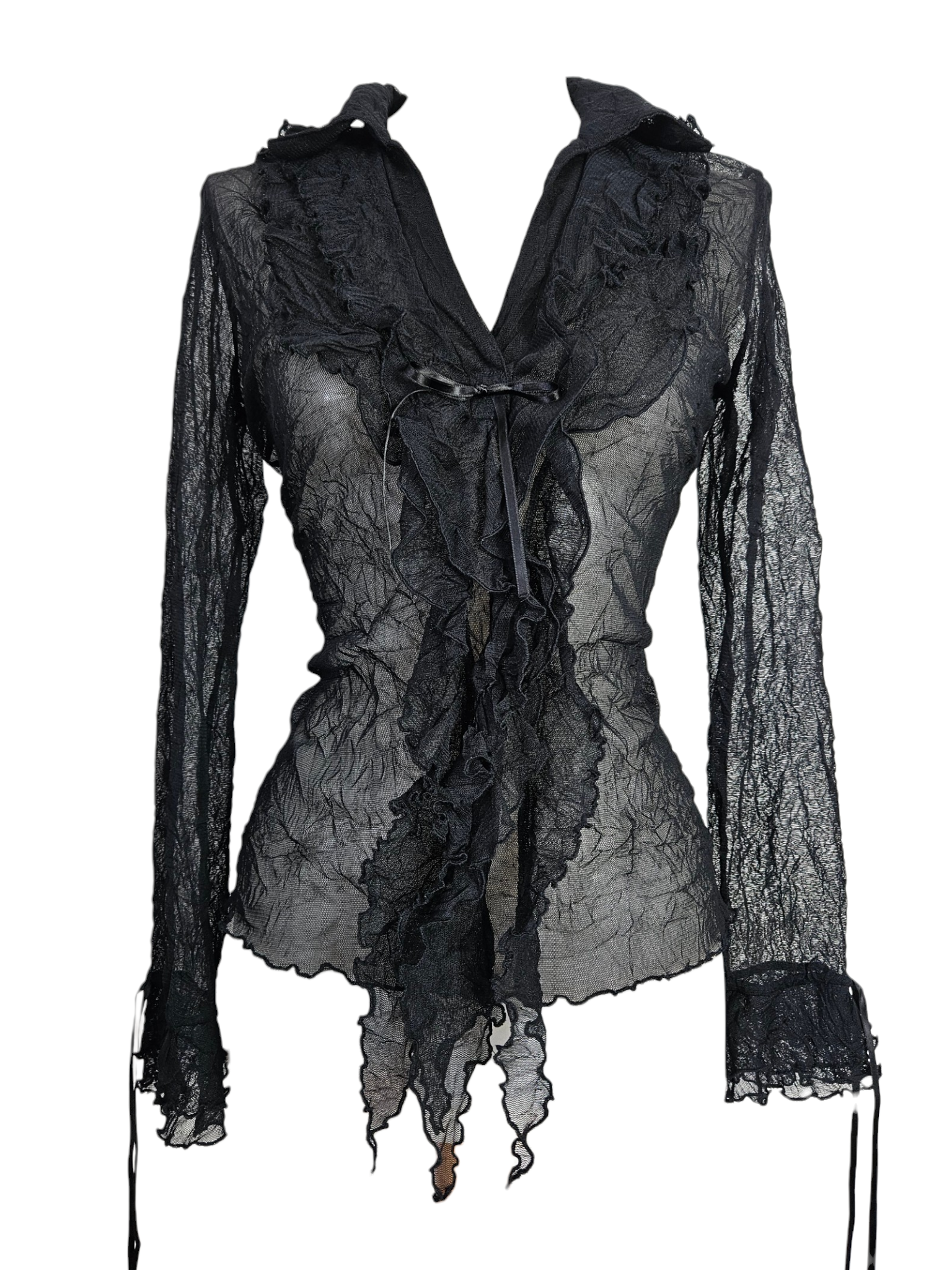 Black sheer textured mesh top with tiered ruffles, front ribbon tie, and flared cuffs. Gothic whimzygoth aesthetic, vintage long-sleeve blouse on a mannequin.