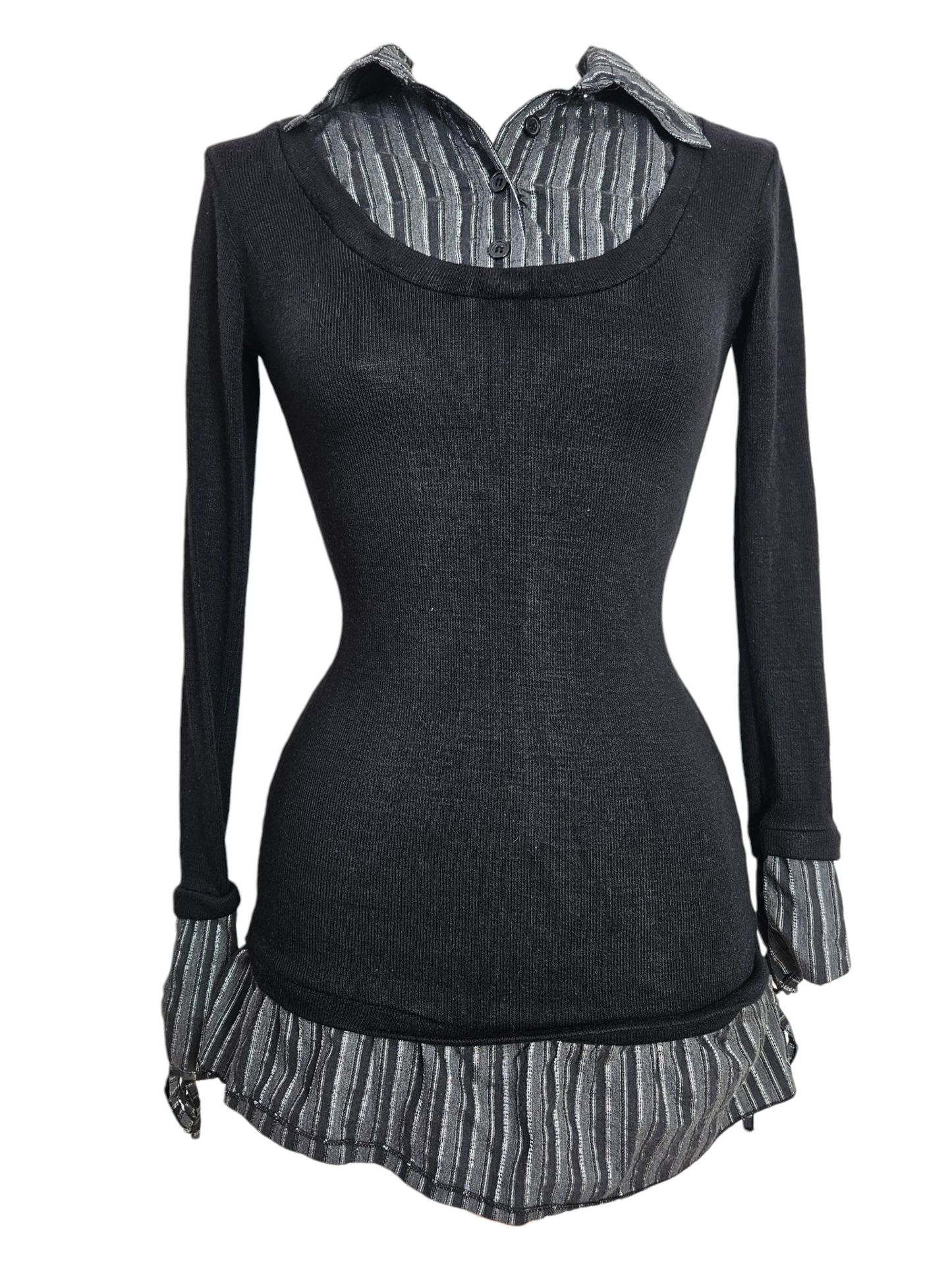 Black long-sleeve mesh top layered over a grey striped shirt with collar and ruffled hem. Cyber Y2K grunge aesthetic on a mannequin.