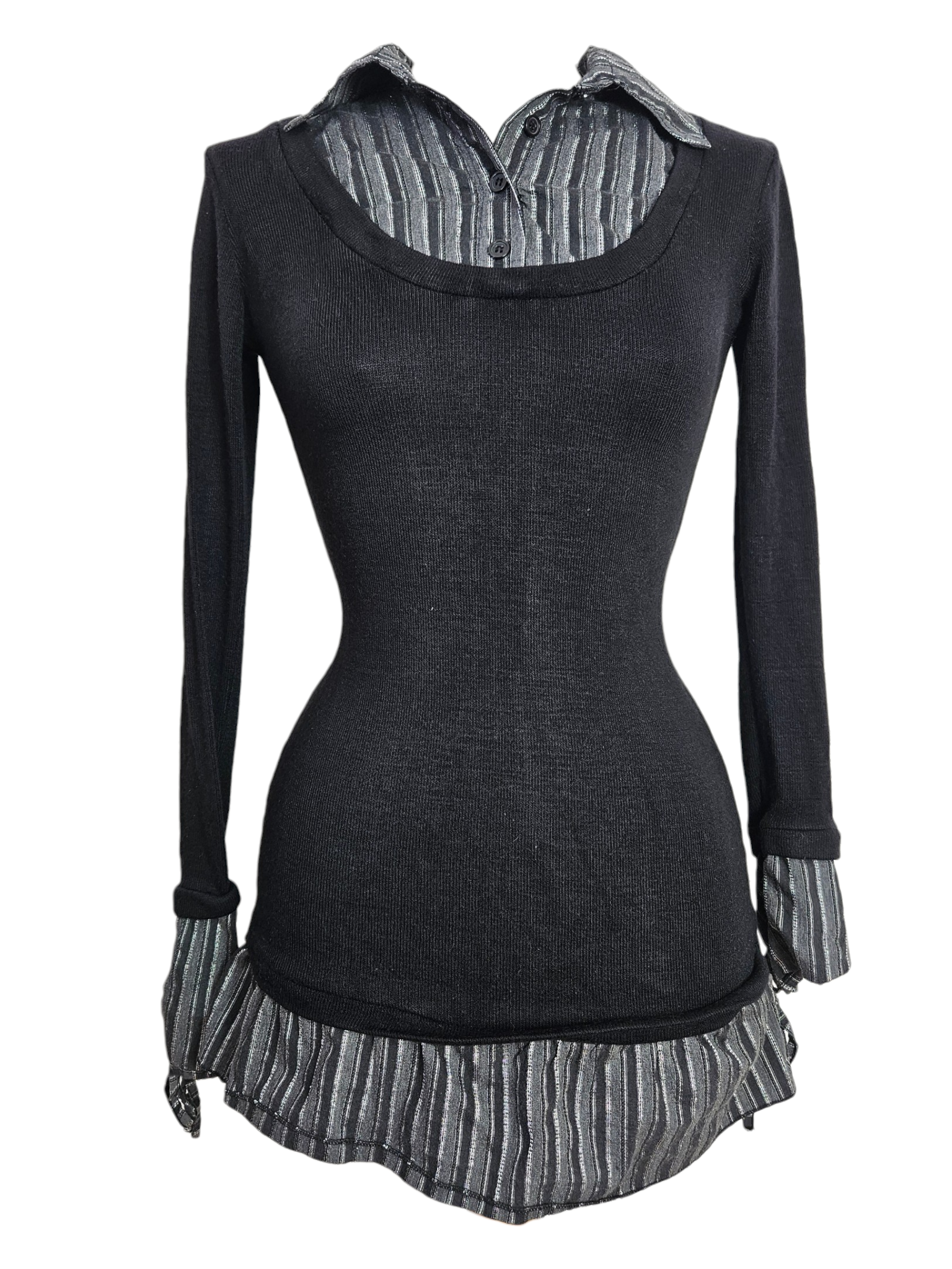 Black long-sleeve mesh top layered over a grey striped shirt with collar and ruffled hem. Cyber Y2K grunge aesthetic on a mannequin.