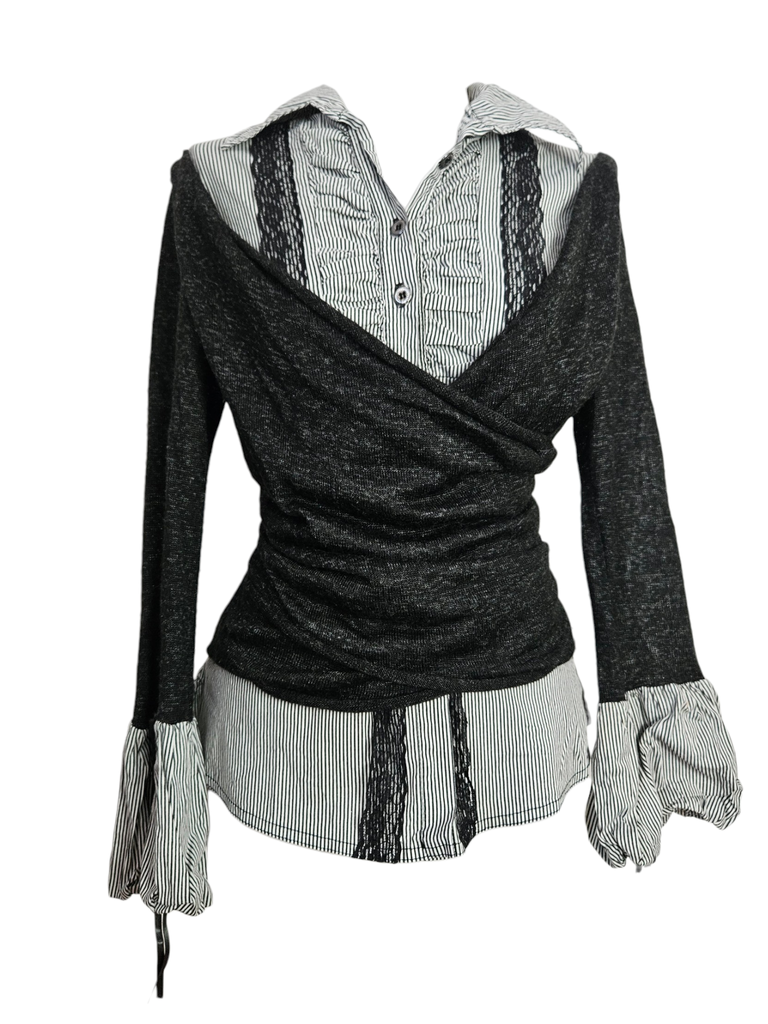 Y2K layered top featuring a striped button-down shirt with black lace trim and an attached grey wrap-style cardigan overlay.