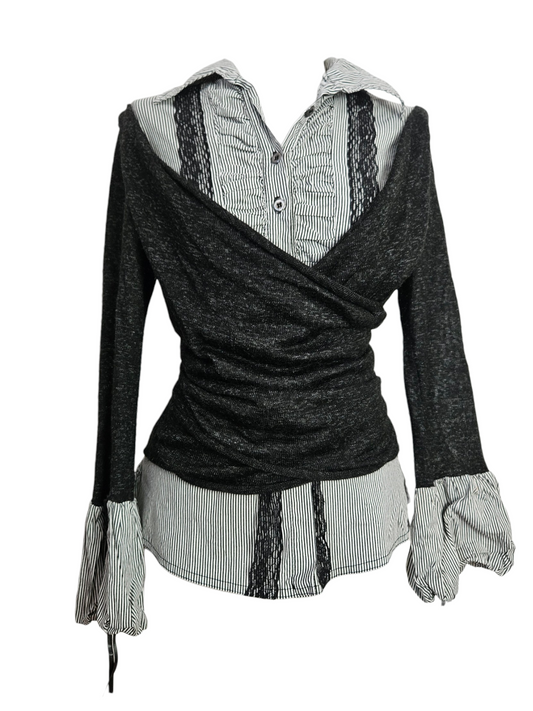 Y2K layered top featuring a striped button-down shirt with black lace trim and an attached grey wrap-style cardigan overlay.