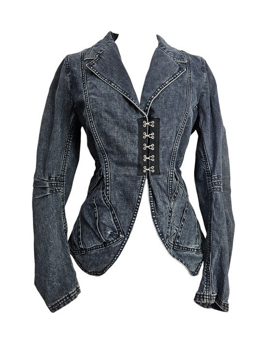 Fitted dark grey denim blazer jacket on mannequin. Features corset-style hook-and-eye front closure, notch lapels, structured paneling and distressed seams. Y2K alternative style.