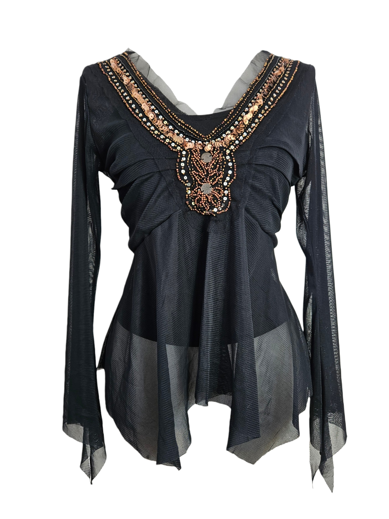 Black sheer mesh long sleeve top with copper sequin & bead embellished neckline. Features a layered handkerchief hem and flared sleeves. Y2K boho chic style.