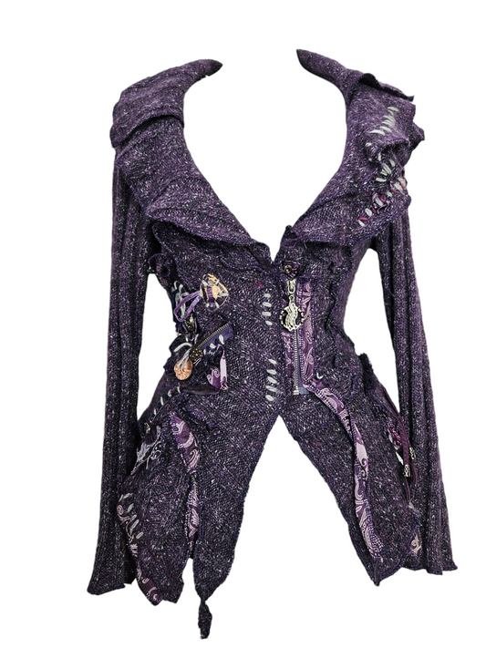 unique purple tattered knit steampunk jacket with ruffle collar, patchwork paisley, charms & zipper details on mannequin. handmade upcycled cardigan cottagecore style