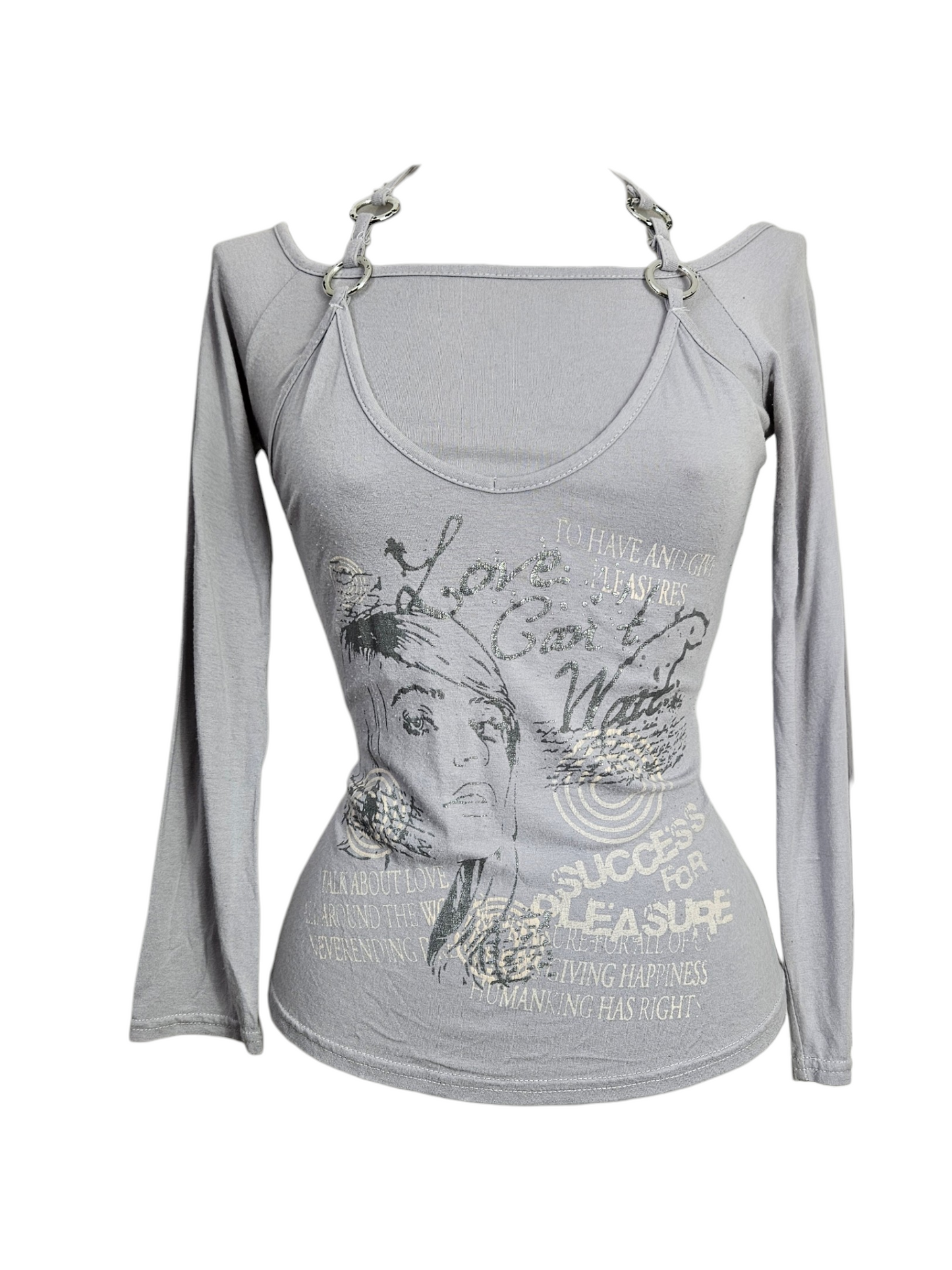 Lavender long-sleeve top with a female portrait graphic, typography, and silver metal O-ring details at the neckline. Cyber Y2K grunge aesthetic on a mannequin.