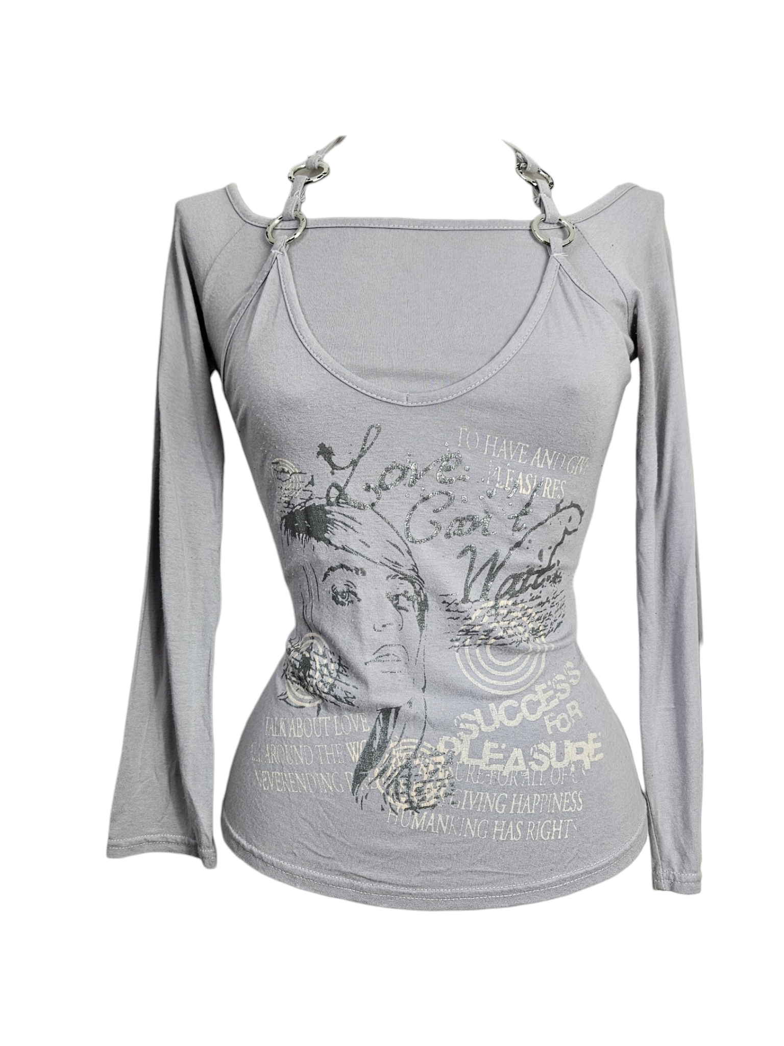 Lavender long-sleeve top with a female portrait graphic, typography, and silver metal O-ring details at the neckline. Cyber Y2K grunge aesthetic on a mannequin.