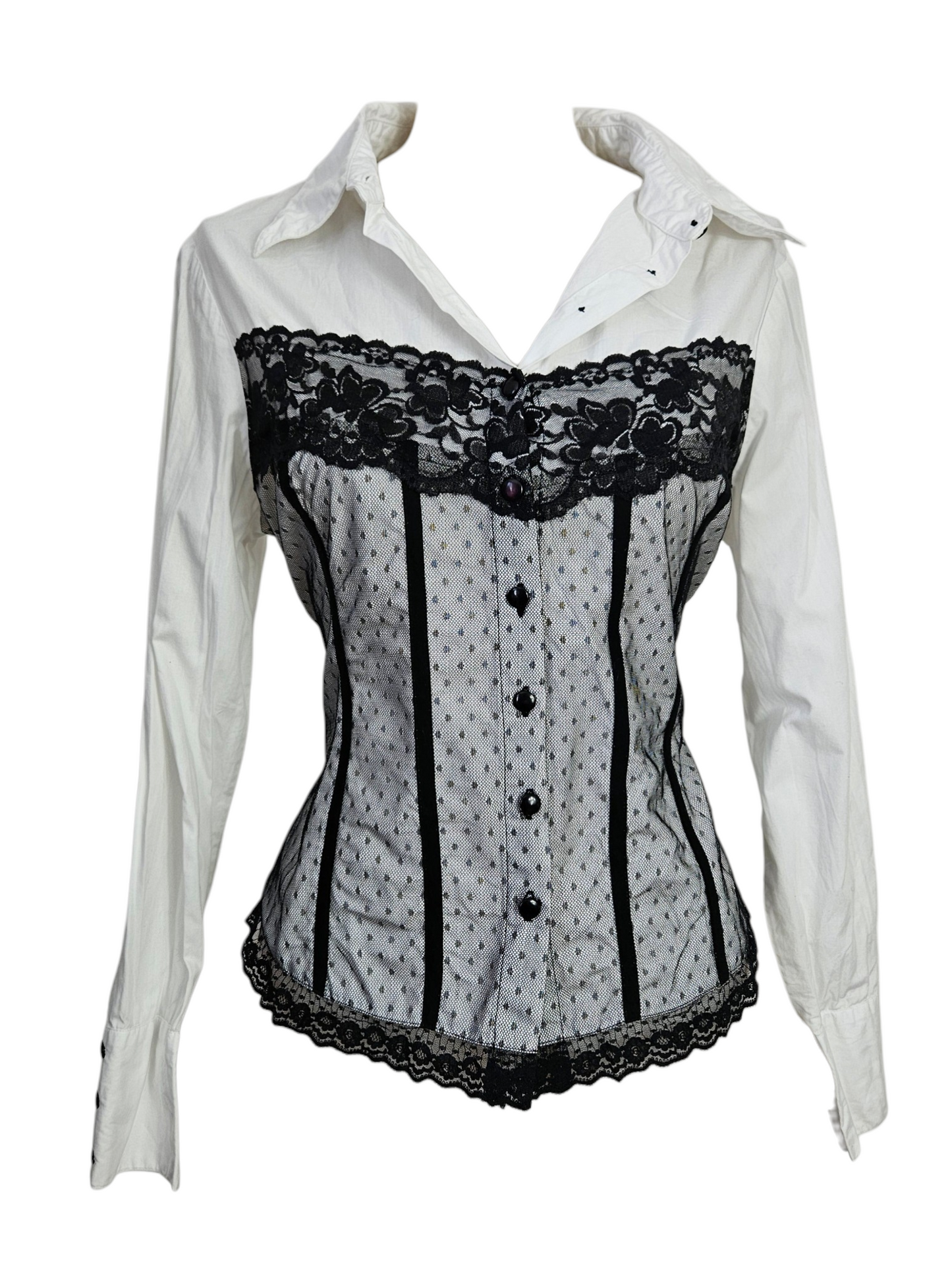 White long-sleeve button-up shirt with black lace corset overlay, gothic coquette style.
