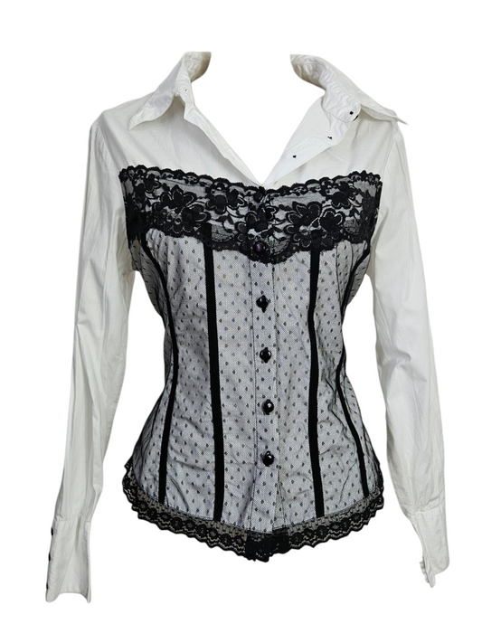 White long-sleeve button-up shirt with black lace corset overlay, gothic coquette style.