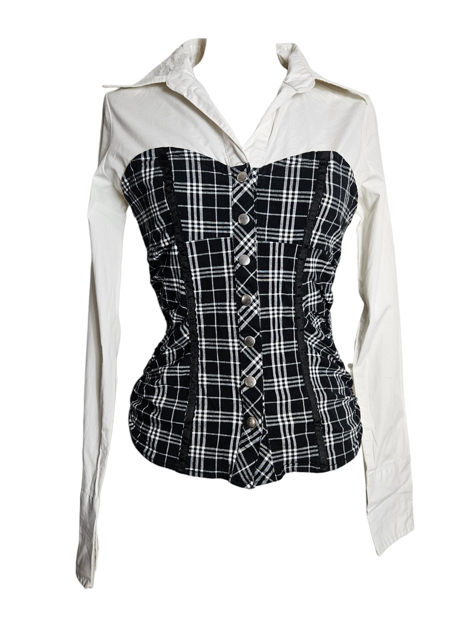 White long-sleeve shirt with integrated black and white plaid corset overlay, Y2K grunge style.