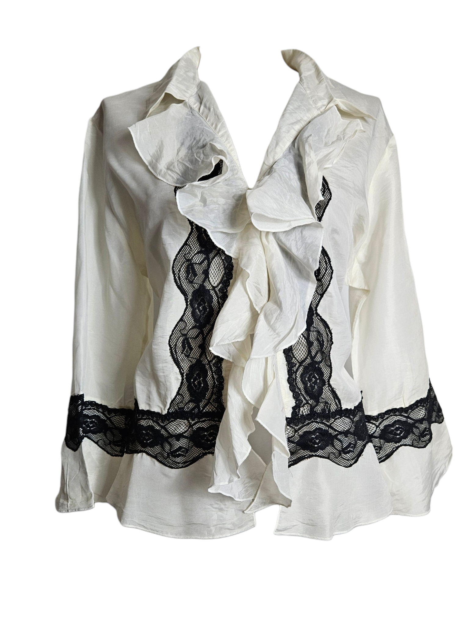 White long-sleeve blouse with a large ruffled front and black floral lace panels. Romantic pirate core aesthetic, vintage flowing top on a mannequin.